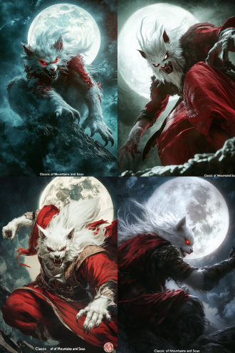 天狗，山海经异兽，强壮的狼的身体，白色猫头，鬃毛，明亮眼睛，锋利牙齿，身上红色毛发，全身像，仰望月亮，乌云遮住一边月亮，广角镜头，四肢有力，邪恶之兽，上古昆仑山环境，细节丰富，电影质感，电影光线，高清晰摄影，高对比度，自然环境，广角镜头，侧光，慢快门，神秘，暗黑，力量，危险，神圣。