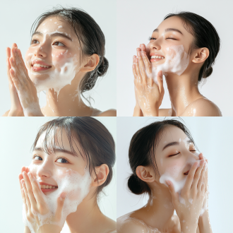 日本少女，青春活力，美丽高雅，细腻肌肤，清新妆容，微笑表情，双手洁面，手部和面部泡沫，人物真实，商业拍摄，头部全部在画面内，侧面，中景，白色背景，8k分辨率，细节丰富，自然肤色，青春洋溢，正面视角，柔和光线，高清晰度。