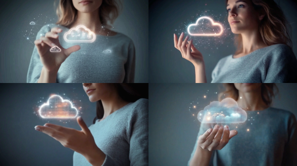 商业女性触摸云端数据，科技感，未来主义，办公室内，冷色调，长焦镜头，柔和光线，专注表情，数据流动，安全，高效。