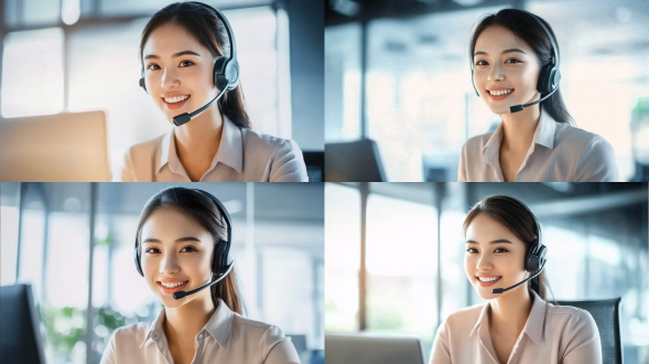 中国年轻女孩，美丽面容，客服接待员和电话营销顾问在办公室进行在线咨询。办公室环境，明亮灯光，浅色调，中焦镜头，正面光，微笑，专注，沟通，职业装，专业，亲切，画面高清，3d渲染，清晰度4k。