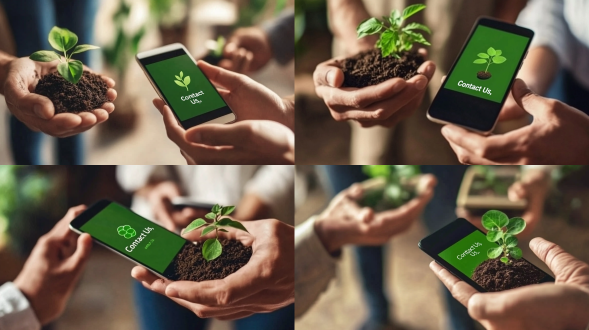 手握绿色植物与手机，手掌中土壤，屏幕显示“联系我们”，生态友好与可持续发展投资，半身像，自然光线，柔和色调，广角镜头，细节清晰，温暖氛围，希望与成长。