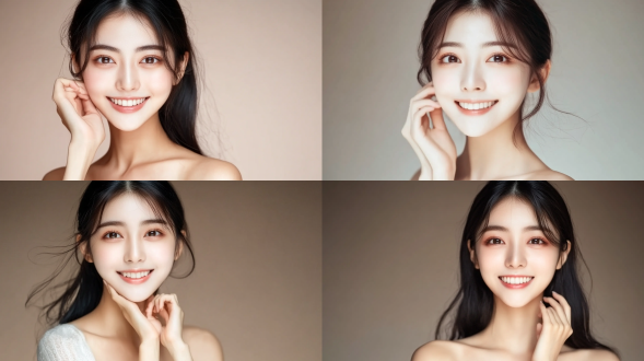 亚洲女孩，自然妆容，微笑，触碰肌肤，半身肖像，高光，室内，柔和光线，浅棕色背景，广角镜头，高分辨率，水润肌肤，健康光泽，幸福感。