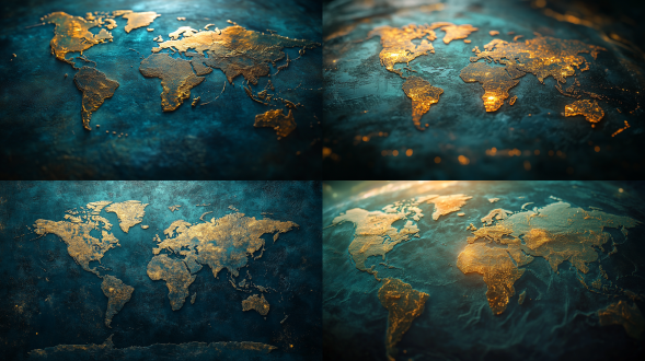 手绘世界地图，科技感，细腻线条，蓝色调，地球仪，未来感，柔和光线，微距镜头，细节丰富，宁静，探索。