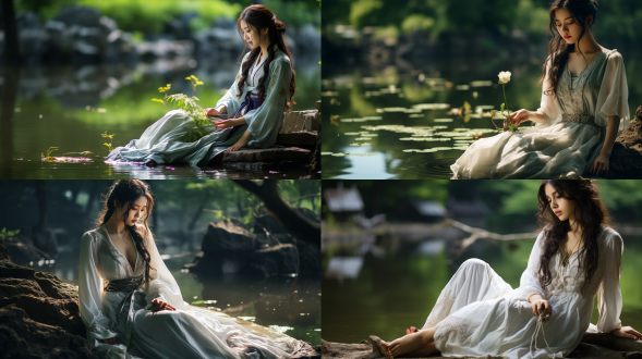 中国古代少女坐湖边望森林，侧坐，白衣长裙，表情宁静，张艺谋风格，古风环境，中长焦镜头，逆光，柔和色调，静谧。