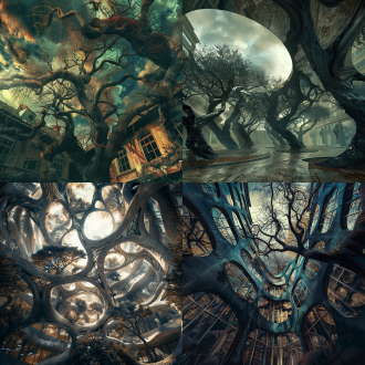 变异建筑与弯曲树木，超现实主义风格，水平线构图，柔光，2:3比例，城市环境，超广角镜头，高饱和色彩，奇幻氛围。