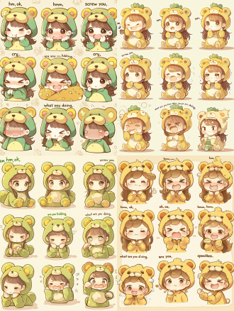 9宫格图片，包含9张表情包，每个表情包里面都是一只q版女孩儿，身穿棕黄色泰迪犬睡衣，多种表情姿势，表情包风格版画，暖色调，正面光，包含“嗯”“好的”“哼”“吃屁吧”“有毒吧”“哭”“无语”“在干嘛”“哈哈哈”主题的表情。