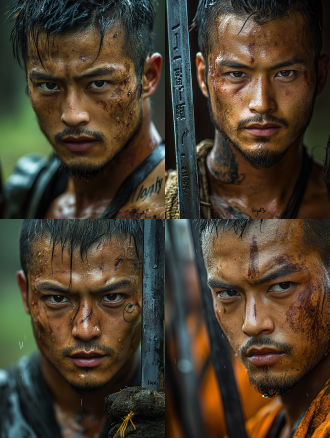 subject description: 20-year-old wu song documentary photography, retaining the youthful square jaw foundation, sword-shaped eyebrows with adolescent disarray, phoenix eyes maintaining sharp gaze without wrinkles, jawline stubble mixed with golden vellus hair. body type shows lean muscularity of young warrior, shoulders not fully developed, waist retaining adolescent flexibility, "loyalty" arm tattoo in three-month-old fresh state. authentic details: forehead glistening with morning sweat, slight acne around nostrils, hemp boots revealing internal straw structure, sabre handle patina showing new weapon usage. environmental elements: morning fog forming irregular condensation on pine needles, moss growth following real shaded patterns, fresh claw wound with grass debris. photography specs: hasselblad x2d natural colour solution, f/5.6 aperture depth, fujifilm pro400h film simulation, skin retaining 15% adolescent acne marks and 30% sunburn demarcation, linen fabric texture from actual ramie scans, metal sabre with three-month oxidation rendering, iris pigmentation transitions characteristic of adolescence.