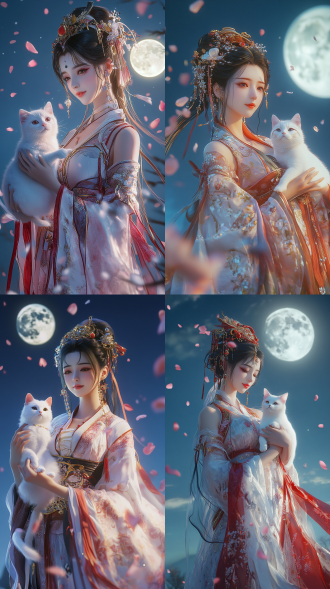 cg古装美女，抱着白猫，正面视角，全身，微笑，3d，花瓣飘落，夜空月亮背景，魔幻风格，写实超清晰