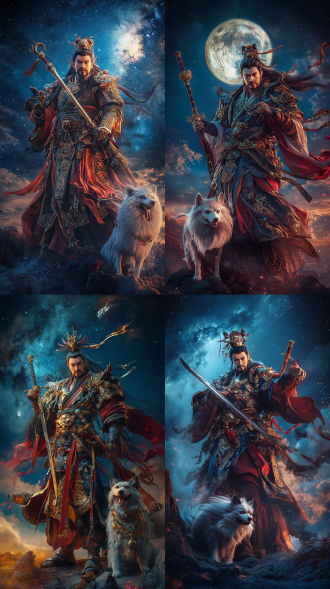 cg古装二郎神持三尖两刃刀带哮天犬，全身正面，夜空背景，威严，3d魔幻写实，暖光，超广角，高分辨率。