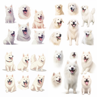 the content in translated into english is:"white dog meme, flat design, white background, various expressions such as joy, anger, sadness, and happiness, fine lines, soft colors, 8k resolution, 3:4 aspect ratio, niji 5, highlighting the theme.