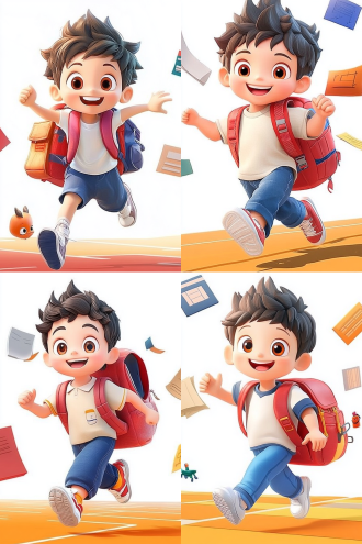 中国孩童，3d模型，3d素材，卡通可爱皮克斯风格中国男童学生背书包，三分法构图，明亮色彩，校园环境，超广角镜头，顶光，微笑行走，活泼。 白色干净背景，无投影，卡通感，可爱，男孩背着书包，活泼跑动跳跃，超高清分辨率，高品质细节。皮克斯风格，