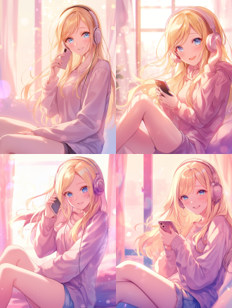 粉发女孩戴耳机持翻盖手机微笑，长袖上衣短裤，背景柔光卡通风，粉调，动漫风，居中构图，大光圈，暖光，愉悦，超清高质。