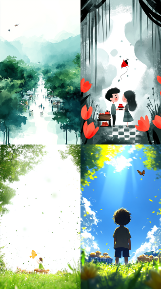 节气风格的柔和春天，郁郁葱葱的翠绿草原上的公园景色，带着樱桃花瓣的柔和春风，享受郊游的人群：一家人在格子毯上野餐，孩子们追逐燕子和金鱼形状的风筝，小贩摊位上摆放着郁金香和雏菊环绕的木托盘上的樱花麻糬，薄荷绿/杏/天蓝色的柔和调色板，柔和的水彩纹理，柳树枝上斑驳的阳光，使用金色螺旋构图，聚焦于小女孩放飞蝴蝶形风筝，浮世绘风格的云图案