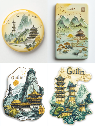 珐琅冰箱贴，装饰有桂林的地标，如象鼻山、日月双塔，颜色为嫩黄色，淡绿色，配以金色和银色装饰。上面用英文写着“桂林”。背景为白色，