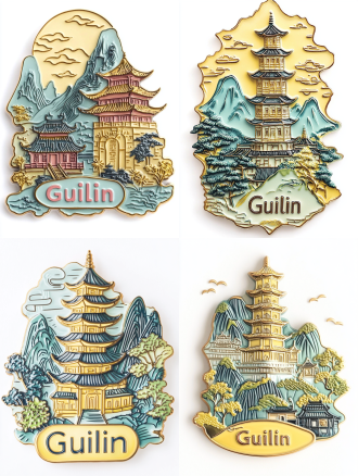 珐琅冰箱贴，装饰有桂林的地标，如象鼻山、日月双塔，颜色为嫩黄色，淡绿色，配以金色和银色装饰。上面用英文写着“桂林”。背景为白色，