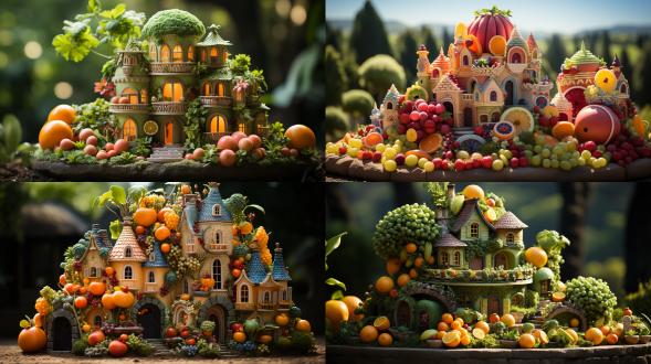 可爱系水果城堡，城堡由各种水果搭建，居中构图，明亮色调，童话风，室外草地，长焦镜头，顶光，梦幻，甜美。