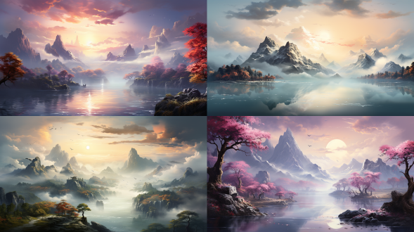 中国风，淡‘闪金边，山水，明亮色，白色云雾