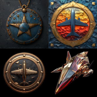 金属纪念章，飞机形状，多架飞机组合，不规则多边形，色彩丰富，独特造型，文创传承，立体感，高光细节，透明背景