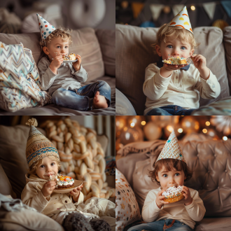 小男孩坐在沙发上吃蛋糕，生日帽，开心表情，室内温馨场景，柔和光线，近景，浅景深，暖色调，细节丰富，幸福感。