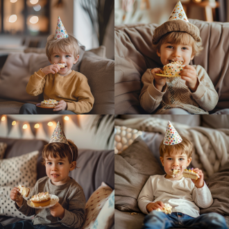 小男孩坐在沙发上吃蛋糕，开心表情，生日帽，温馨家庭场景，柔和光线，近景，浅景深，暖色调，室内，自然光，甜蜜笑容，幸福氛围。