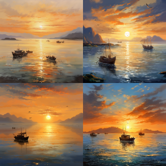 宽阔的海洋，海中小岛，日出海上，渔舟唱晚，长长的海岸线，广阔视野，金色阳光，温暖色调，远景镜头，柔和光线，平静海面，渔船，宁静，希望。