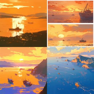 宽阔的海洋，海中小岛，日出海上，渔舟唱晚，长长的海岸线，广阔视野，金色阳光，温暖色调，远景镜头，柔和光线，平静海面，渔船，宁静，希望。