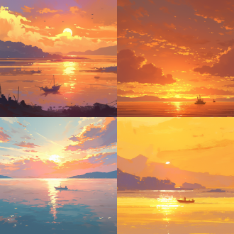 宽阔的海洋，海中小岛，日出海上，渔舟唱晚，长长的海岸线，广阔视角，金色阳光，温暖色调，远景镜头，柔和光线，平静海面，渔船，宁静，和谐。