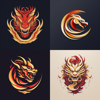 中国龙标志设计，“龙”字，运动队标志，简约平面图形，复古风格，对称布局，金色与红色，高饱和度，扁平化设计，几何线条，传统元素，力量感，动感，荣耀。