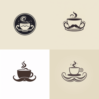 logo.有一个咖啡杯和小胡子，小胡子在咖啡杯正面, 在logo底下有“小胡子咖啡"的文字，极简线条艺术，单色，受liz muller的设计风格启发