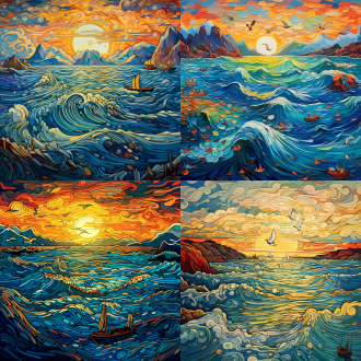 插画，画中有海洋，海洋中有色彩缤的水，水里有海洋生物，海面上海岛，游艇，海鸥，海边有长长的弯弯曲曲海岸线，海洋彼岸，轮廓山，云朵，长景深，广阔画面，抽象画面，梵高风格