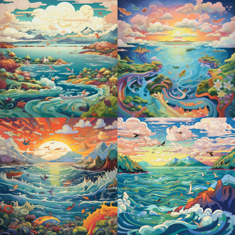 插画，画中有海洋，海洋中有色彩缤的水，水里有海洋生物，海面上海岛，游艇，海鸥，海边有长长的弯弯曲曲海岸线，海洋彼岸，轮廓山，云朵，长景深，广阔天空，抽象画面