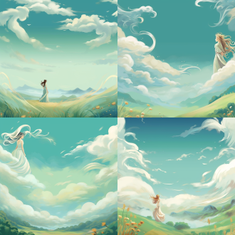 插画，清新风格，空旷场景，远景，蓝天白云，绿草地，微风轻拂，少女背影，长发飘逸，白色连衣裙，仰望天空，宁静表情，柔和光线，细腻笔触，水彩风格，自然色调，平静氛围。