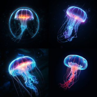 透明的水母线框全息图，黑暗背景下，蓝线发光，高级细节，8k画质，长焦镜头，环境光，漂浮，神秘。