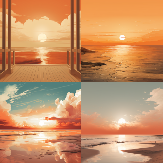 海滨风光插画，橙色调，中景，广阔海景，高清细节，对称构图，远景，暖色调，广角镜头，柔和光线，平静，细腻纹理，温暖。