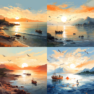 海滨风光插画，长海岸线，海岛，渔船，海鸥飞翔，远山，大景深，橙色调，广阔海景，高清细节，水彩风格，柔和光线，平静海面，细腻纹理，宁静氛围，自然美景。