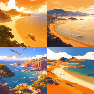 海滨风光的插画，长长的海岸线，沙滩，海岛，渔船，几只海燕，远山，大景深，橙色调，广阔海景，高清细节。