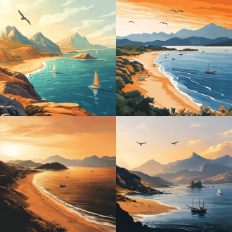 海滨风光的插画封面，长长的海岸线，沙滩，海岛，渔船，几只海燕，远山，大景深，橙色调，广阔海景，高清细节。