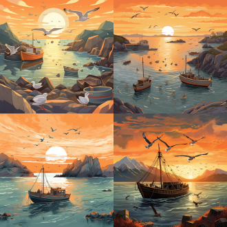海滨风光的插画封面，长长的海岸线，沙滩，海岛，渔船，巧妙勾图，几只海燕，远山，大景深，橙色调，广阔海景，高清细节。