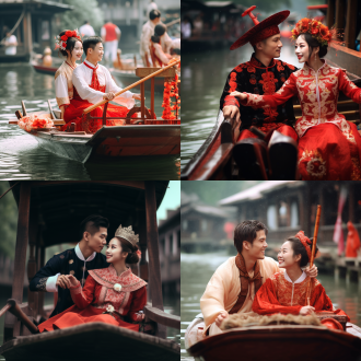 水上婚礼，传统服饰，新娘新郎，船上，江南水乡，柔和光线，长焦镜头，对称构图，喜庆红色，微笑，幸福。