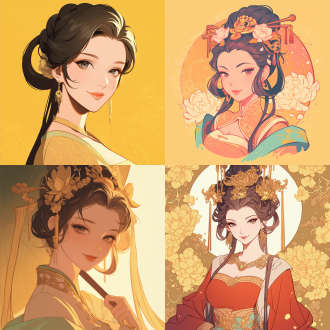 卡通版杨贵妃，正面半身像，华丽服饰，微笑表情，唐朝宫殿背景，柔和色调，中心构图，平光，圆润线条，优雅。