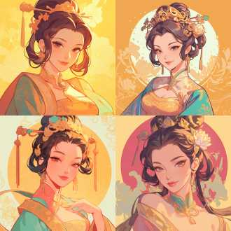 卡通版杨贵妃，正面半身像，华丽服饰，微笑表情，唐朝宫殿背景，柔和色调，中心构图，平光，圆润线条，优雅。