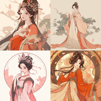 卡通版杨贵妃，全身像，华丽服饰，微笑表情，唐朝宫殿背景，柔和色调，中心构图，平光，圆润线条，优雅。