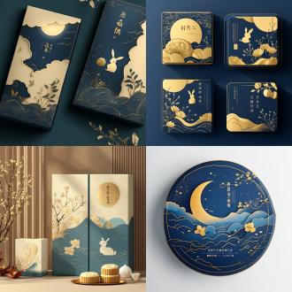 顶级品牌月饼包装，中国风排版，含月兔桂花，纸板质感，金色蓝色矢量线条，扁平风，正面构图，明亮色调，精致感。