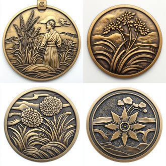 金属奖牌，含农耕文化元素，居中布局，白色背景，暖冷对比色，微距镜头，正视角，特写，8k高清，质感细节。 金属质感