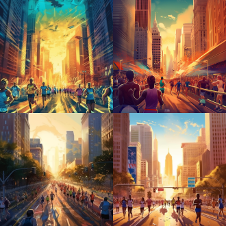 马拉松海报，城市建筑与跑道为背景，运动员奔跑其中，大场景街景，水平构图，全景镜头，长景深，侧光，暖色调，活力。