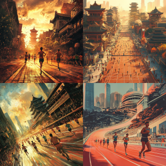 中国马拉松海报，中国城市建筑与跑道，运动员特写搭配街景大场景，丰富层次感，大视角长景深，暖光，广角镜头，动感。