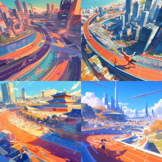 中国马拉松海报，中国城市建筑，跑道，丰富层次感，有运动员特写，街景，大场景，大视角，长景深。 近未来城市 全息