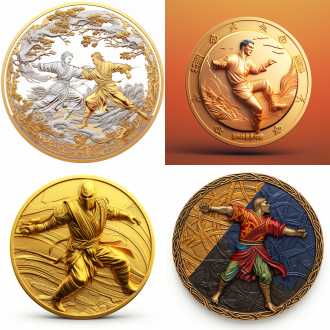 金黄色金属材质线条的徽章，中国传统武术招式动作，彩色配色，浅浮雕效果，精细，8k高清细节，白色背景，正视角。