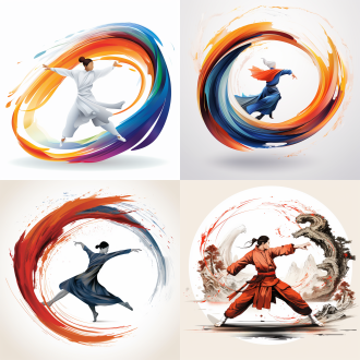 武术比赛活动会徽，中国传统武术招牌动作，简约线条，彩色配色，浅浮雕效果，精细，8k高清细节，白色背景，正视角。