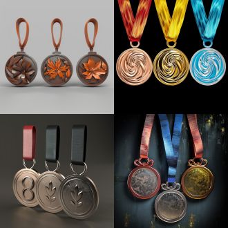 运动会奖牌，金属材质，运动项目元素，三地联办，镂空工艺，抽象艺术，正视角，8k品质，高清细节。